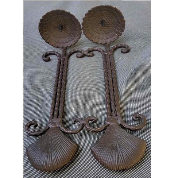 VTG Double Pillar Candle Holder Hammered Scallop Shell Wrought Iron Wall Sconce - Picture 4 of 8
